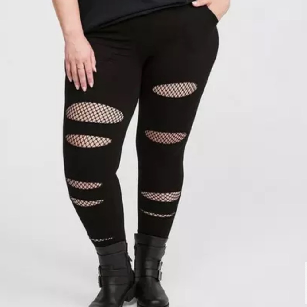 Torrid Black Destructed Leggings with Fishnet Lined Holes Size 4